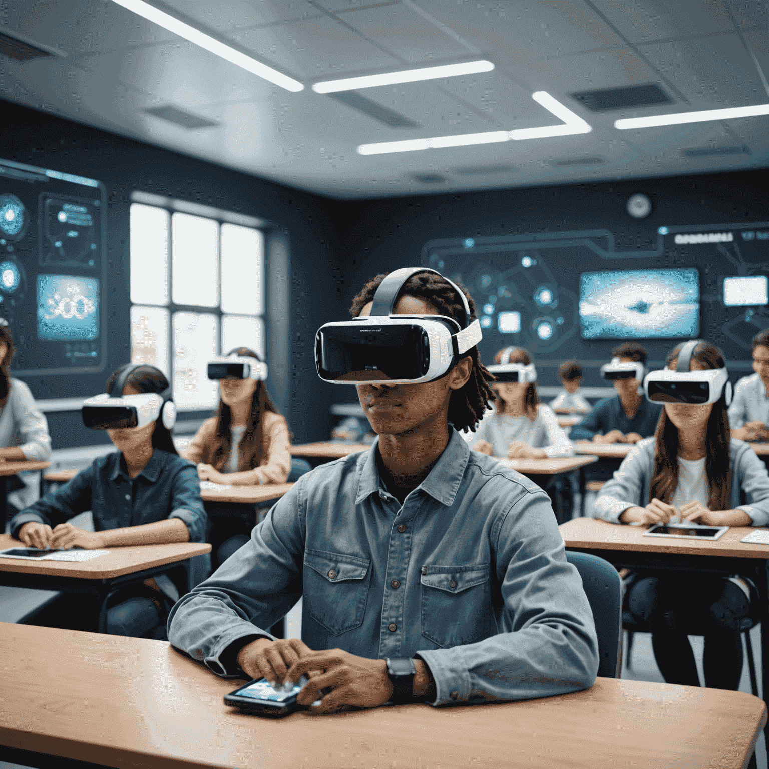 A futuristic classroom with students using VR headsets and AI-powered tablets, showcasing the integration of advanced technology in education