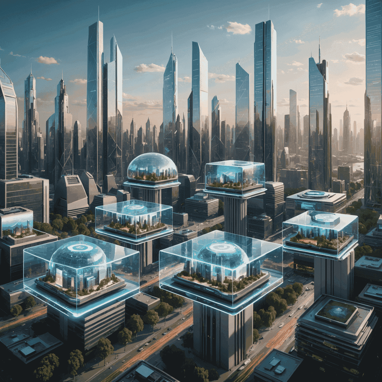 Futuristic cityscape with holographic displays showing various tech trends