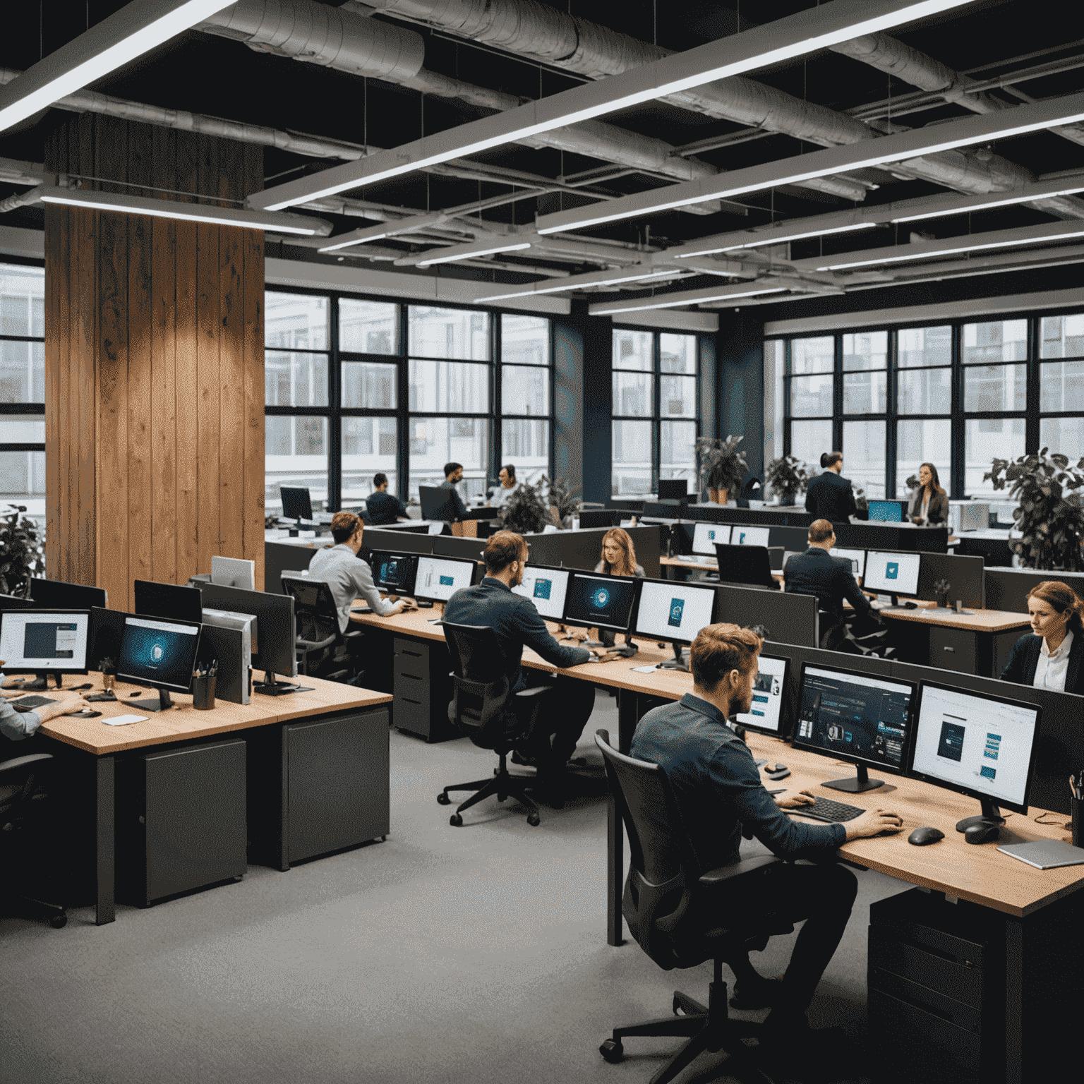 A modern office space in London with employees working on computers, showcasing digital transformation in action