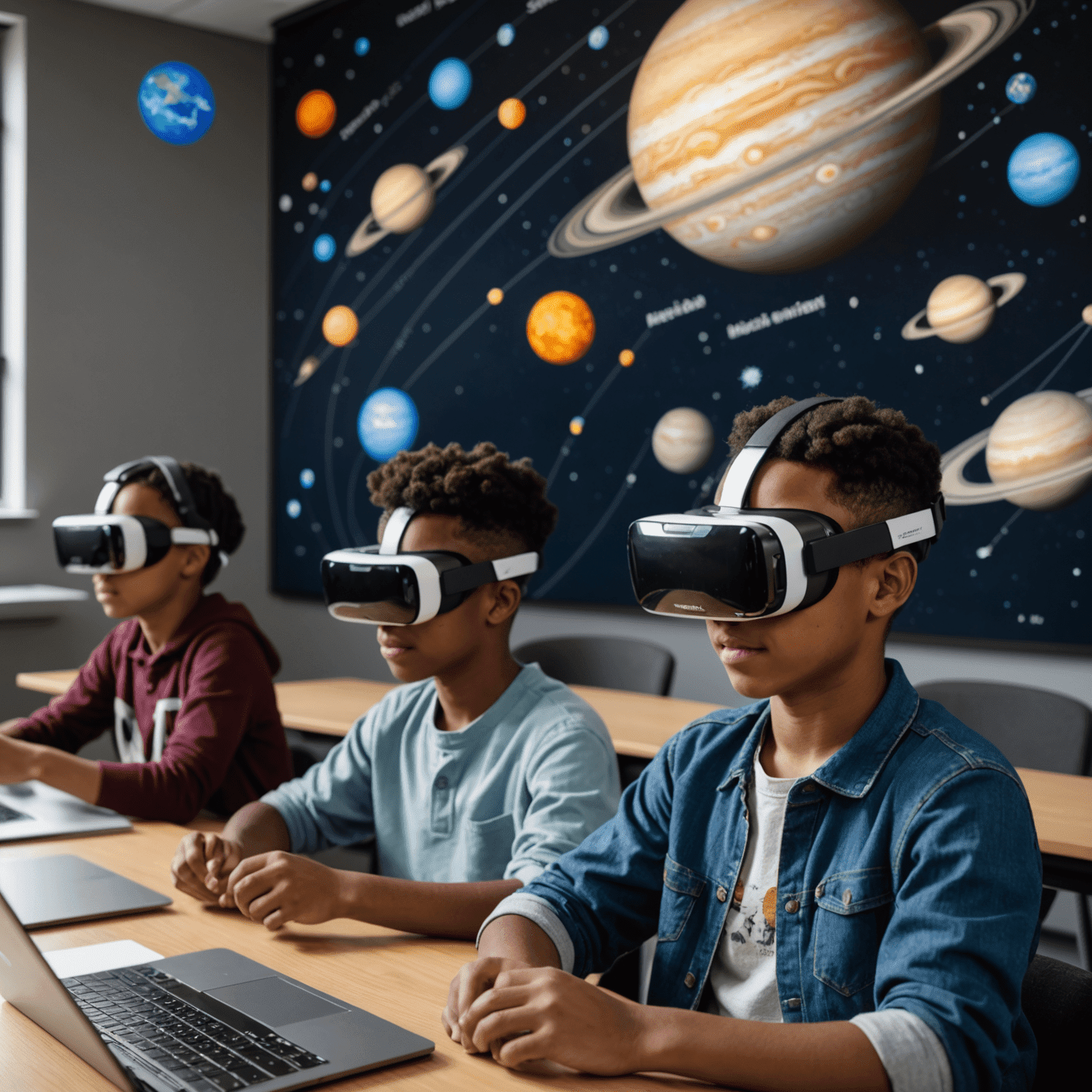 Students using VR headsets to explore a 3D model of the solar system in a virtual classroom setting